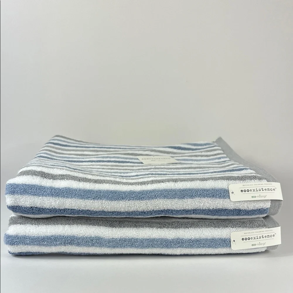 Ecoexistence Bath Towels eco-melange Blue Gray White Striped Cotton 2 pc NEW